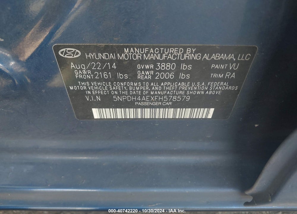 2015 HYUNDAI ELANTRA SE VIN: 5NPDH4AEXFH578579