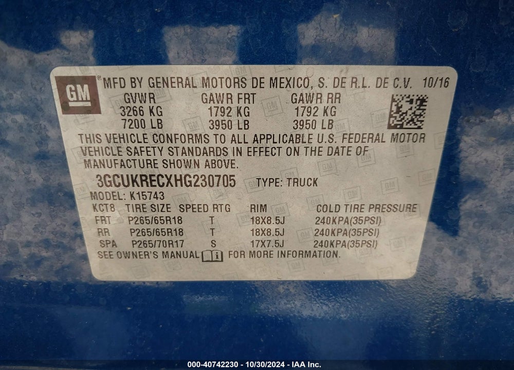 2017 CHEVROLET SILVERADO 1500 2LT VIN: 3GCUKRECXHG230705