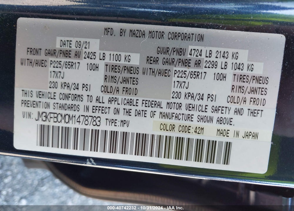 2021 MAZDA CX-5 TOURING VIN: JM3KFBCM0M1478783