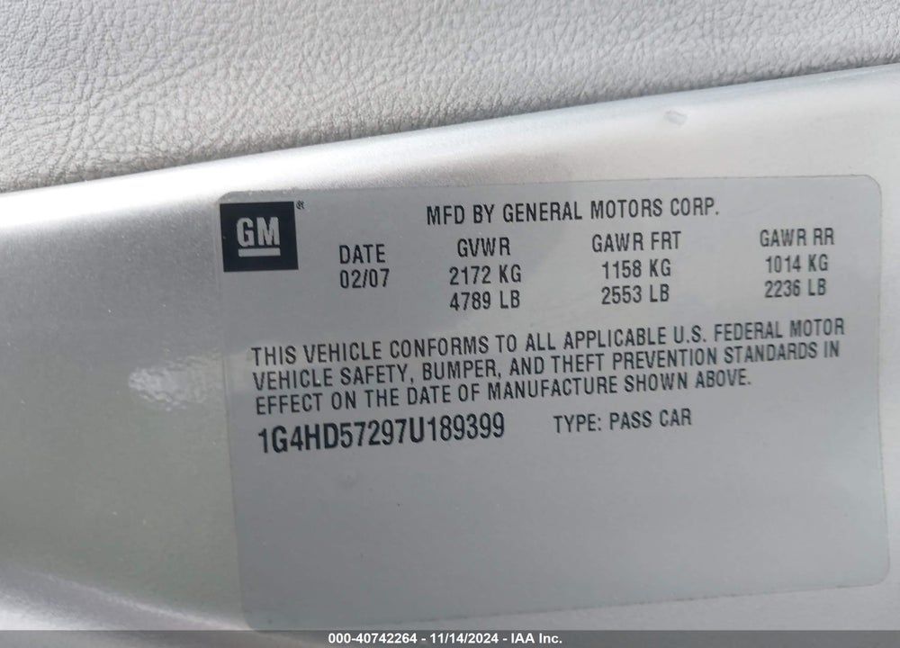 2007 BUICK LUCERNE CXL VIN: 1G4HD57297U189399