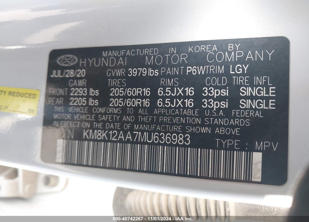 2021 HYUNDAI KONA SE VIN: KM8K12AA7MU636983