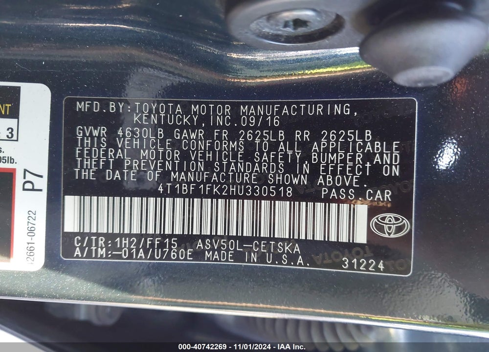 2017 TOYOTA CAMRY SE VIN: 4T1BF1FK2HU330518