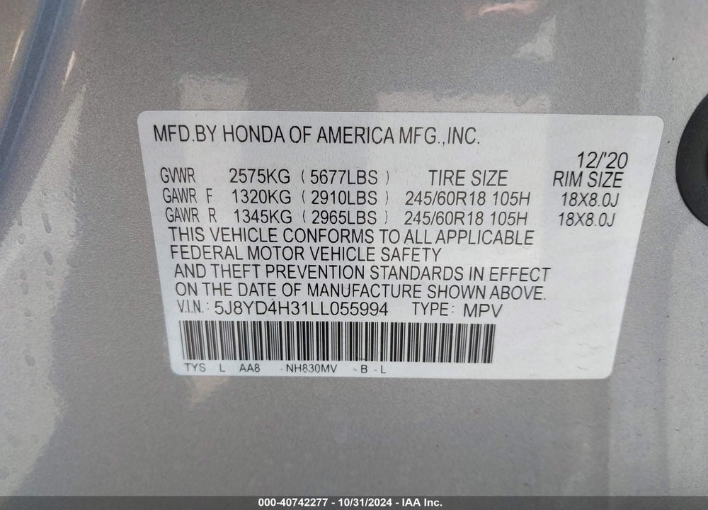 2020 ACURA MDX STANDARD VIN: 5J8YD4H31LL055994
