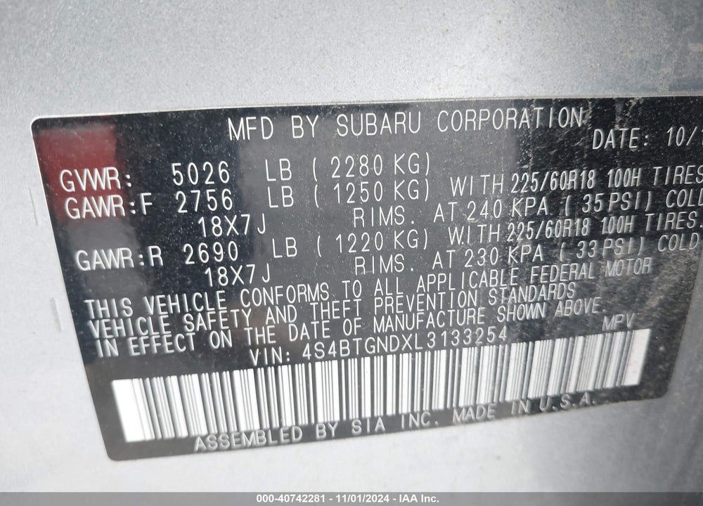 2020 SUBARU OUTBACK LIMITED XT VIN: 4S4BTGNDXL3133254