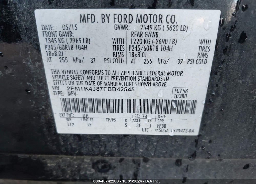 2015 FORD EDGE SEL VIN: 2FMTK4J87FBB42545