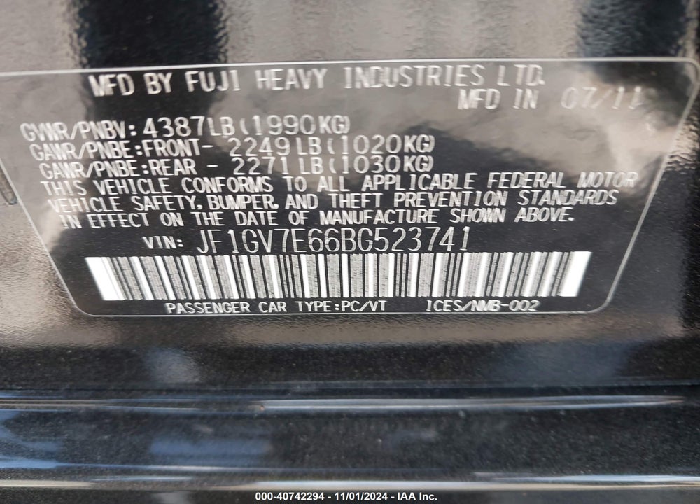 2011 SUBARU IMPREZA WRX VIN: JF1GV7E66BG523741