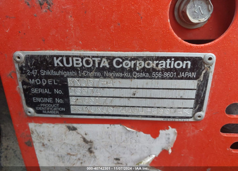 2018 KUBOTA KX057-4 MINI EXCAVATOR VIN: JKUK0574A01H28574