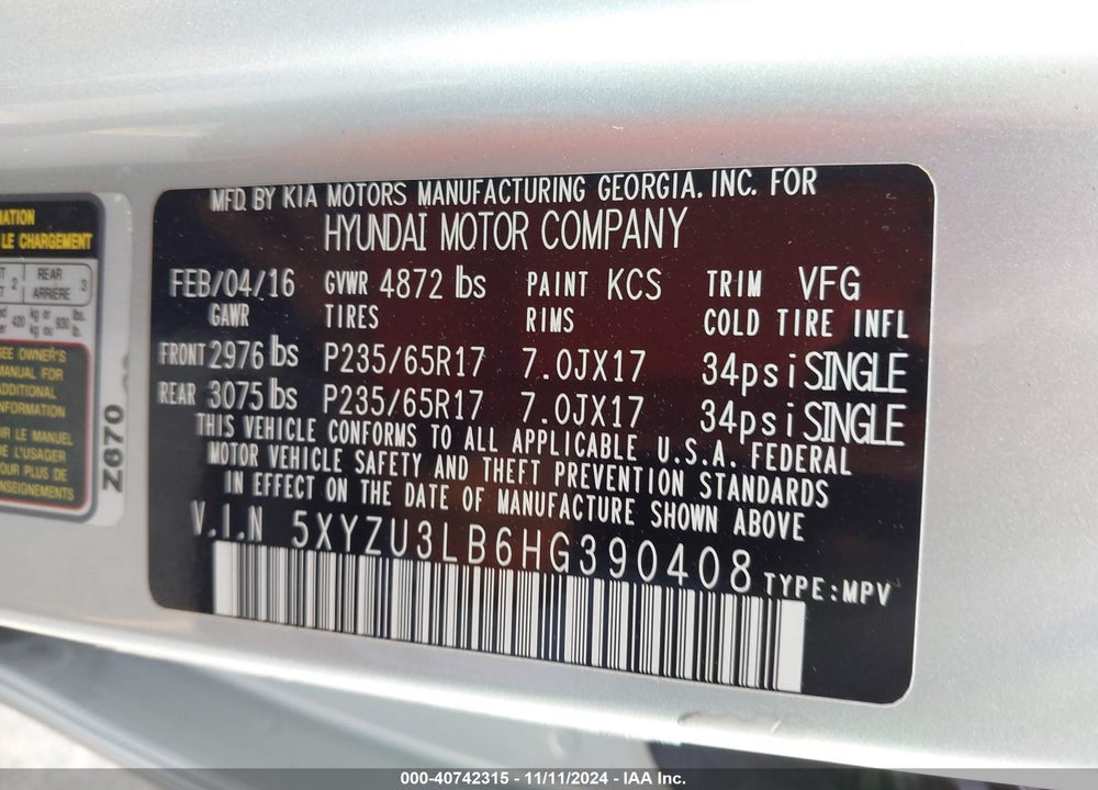 2017 HYUNDAI SANTA FE SPORT 2.4L VIN: 5XYZU3LB6HG390408