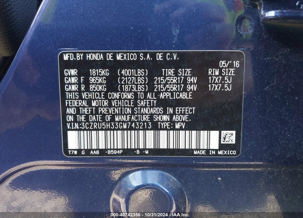 2016 HONDA HR-V LX VIN: 3CZRU5H33GM743213