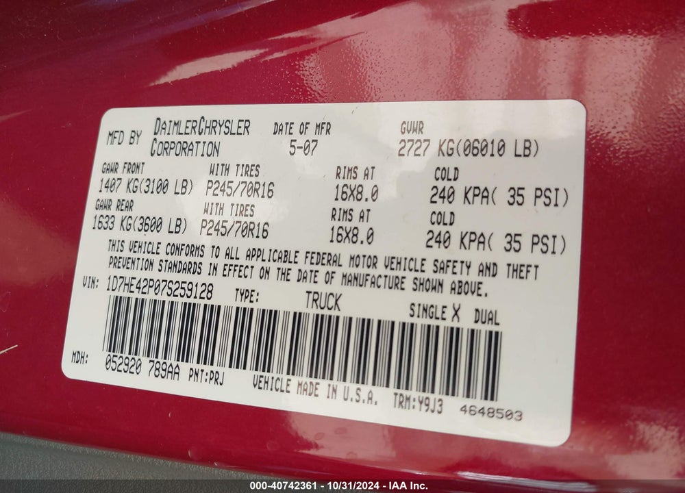 2007 DODGE DAKOTA SLT VIN: 1D7HE42P07S259128