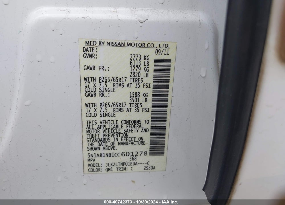 2012 NISSAN PATHFINDER SV VIN: 5N1AR1NB1CC601278