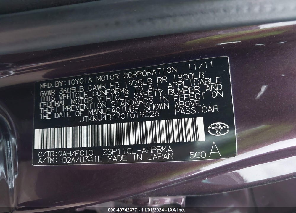 2012 SCION XD VIN: JTKKU4B47C1019026