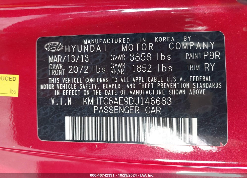 2013 HYUNDAI VELOSTER TURBO W/BLACK VIN: KMHTC6AE9DU146683