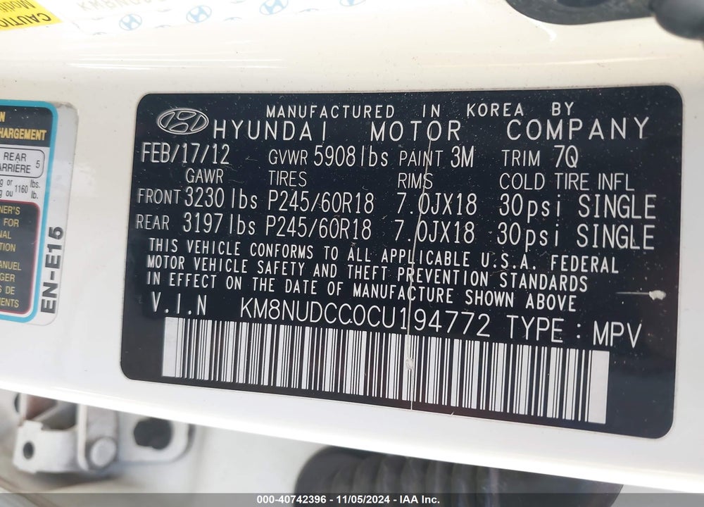 2012 HYUNDAI VERACRUZ LIMITED VIN: KM8NUDCC0CU194772