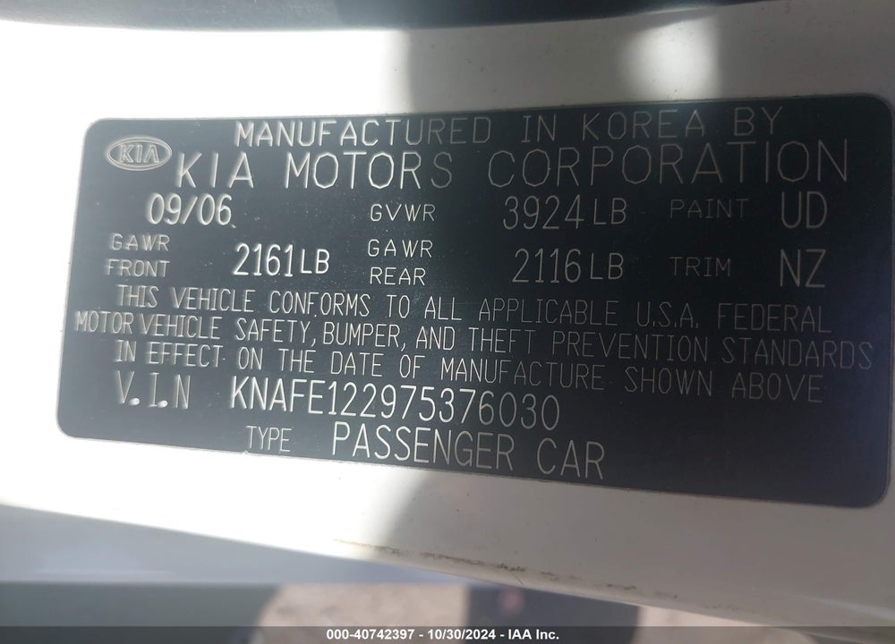 2007 KIA SPECTRA EX VIN: KNAFE122975376030