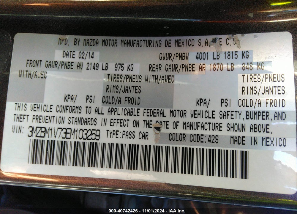 2014 MAZDA MAZDA3 VIN: 3MZBM1V73EM103259