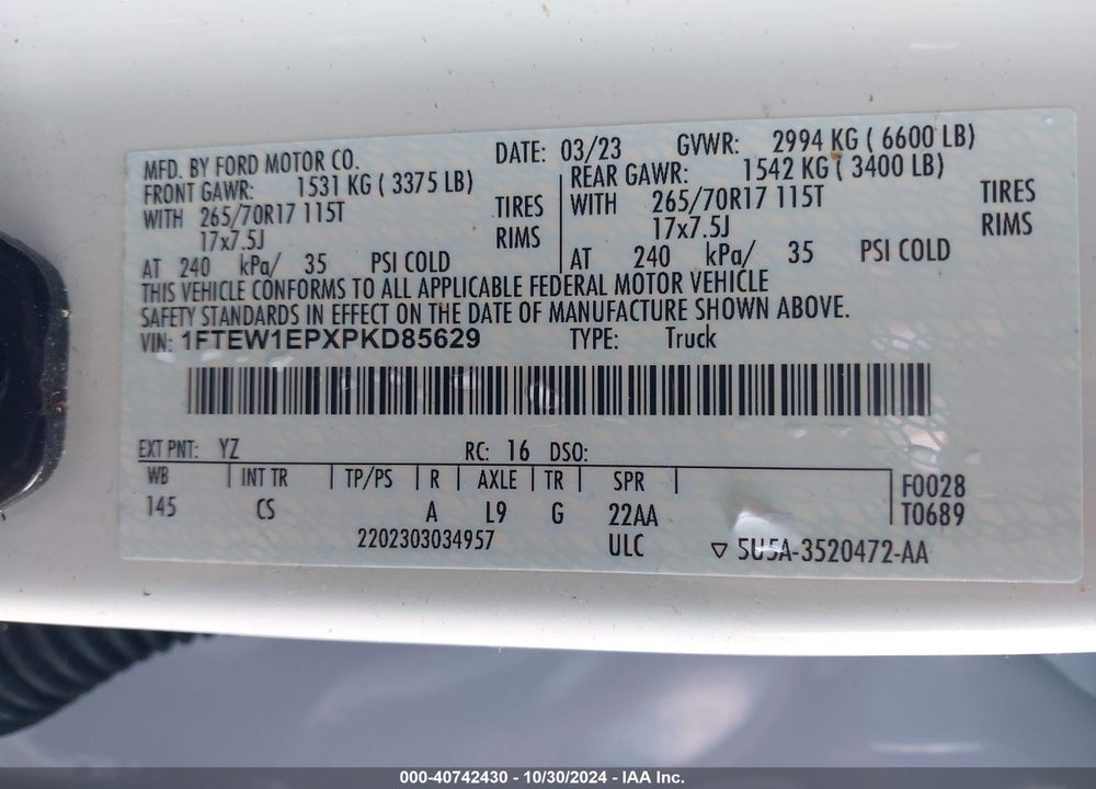 2023 FORD F-150 LARIAT/XL/XLT VIN: 1FTEW1EPXPKD85629