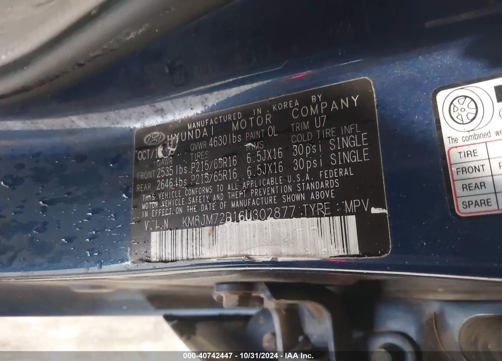 2006 HYUNDAI TUCSON GL VIN: KM8JM72B16U302877