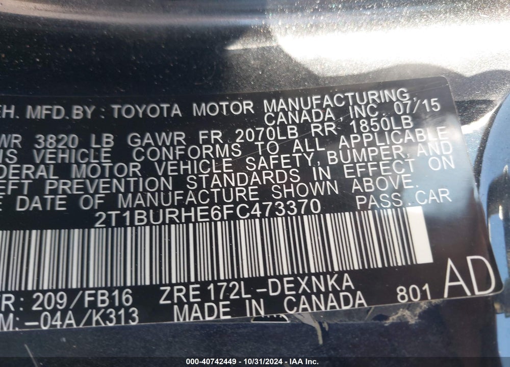 2015 TOYOTA COROLLA LE VIN: 2T1BURHE6FC473370