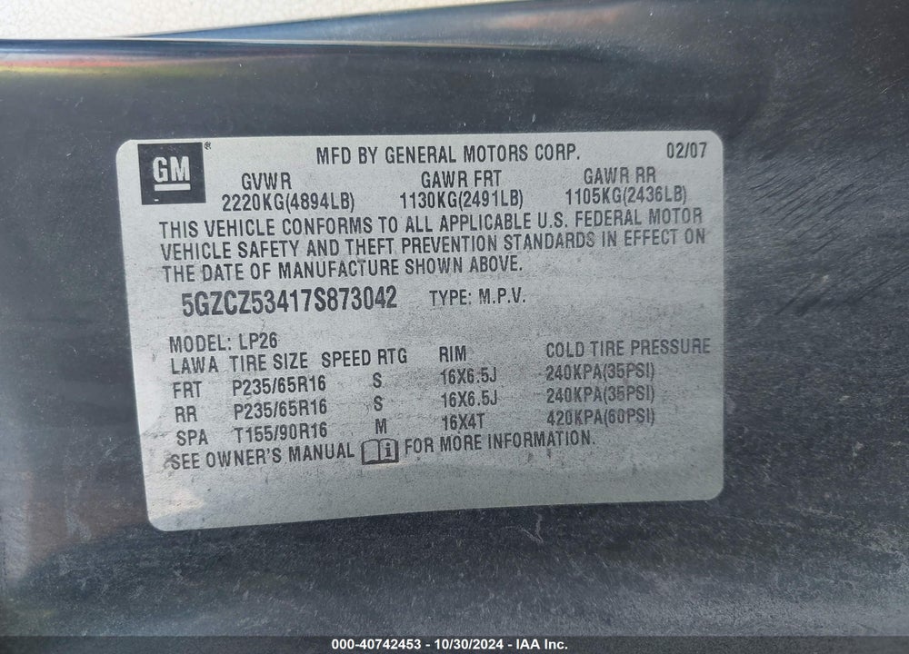 2007 SATURN VUE V6 VIN: 5GZCZ53417S873042