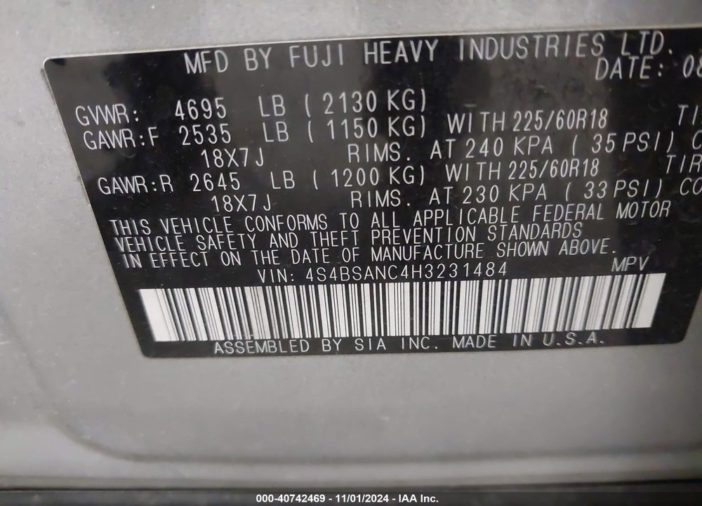 2017 SUBARU OUTBACK 2.5I LIMITED VIN: 4S4BSANC4H3231484
