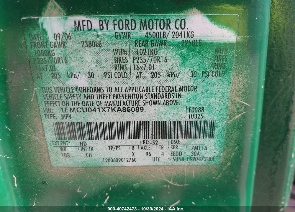 2007 FORD ESCAPE LIMITED VIN: 1FMCU041X7KA86089