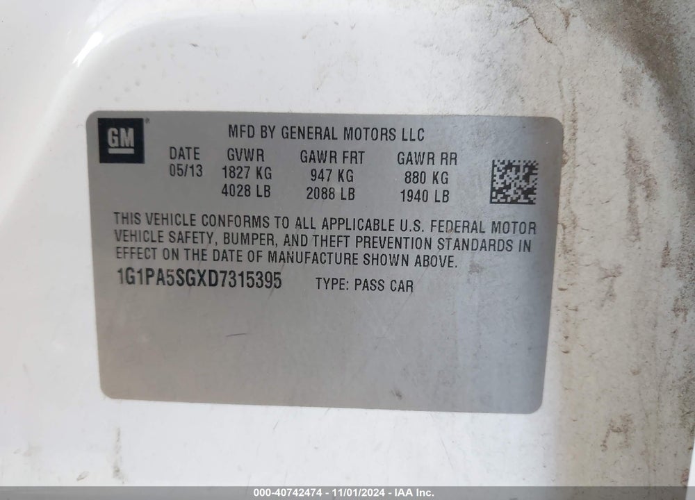 2013 CHEVROLET CRUZE VIN: 1G1PA5SGXD7315395