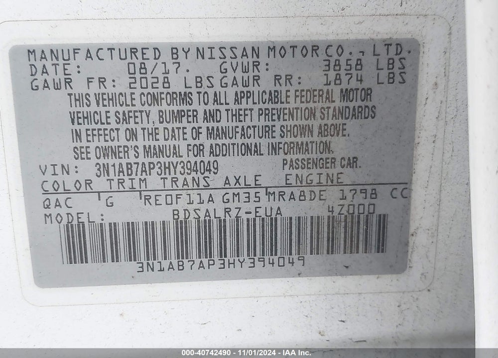 2017 NISSAN SENTRA SR VIN: 3N1AB7AP3HY394049