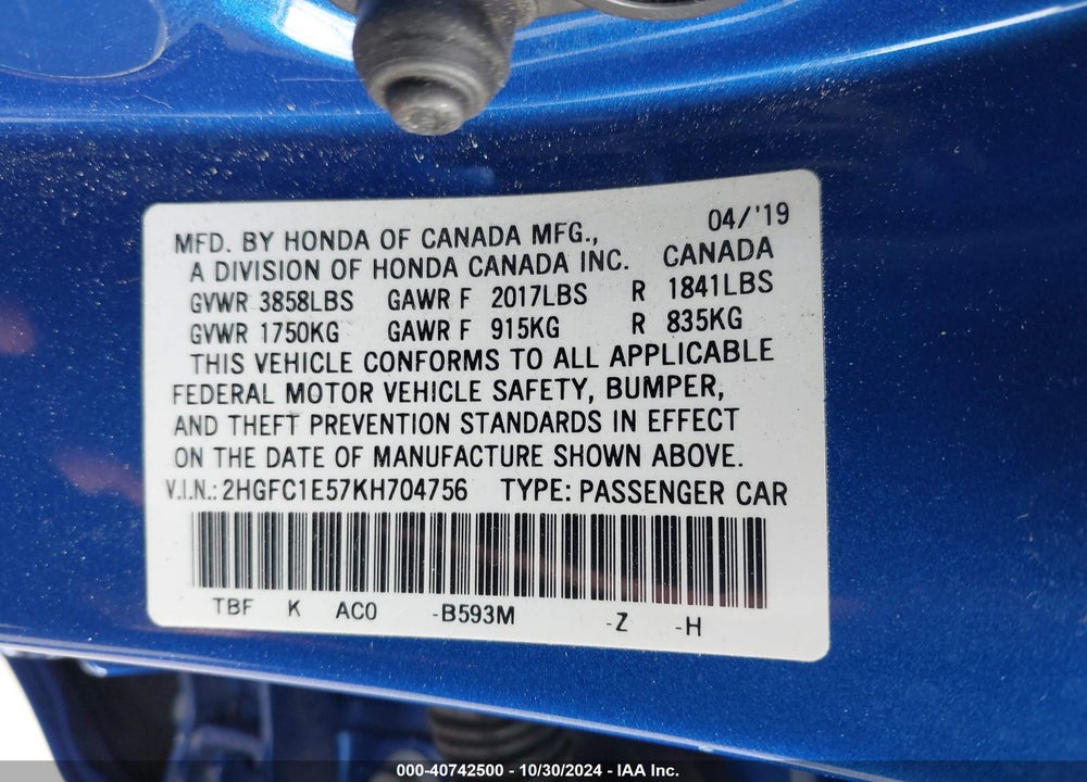 2019 HONDA CIVIC SI VIN: 2HGFC1E57KH704756