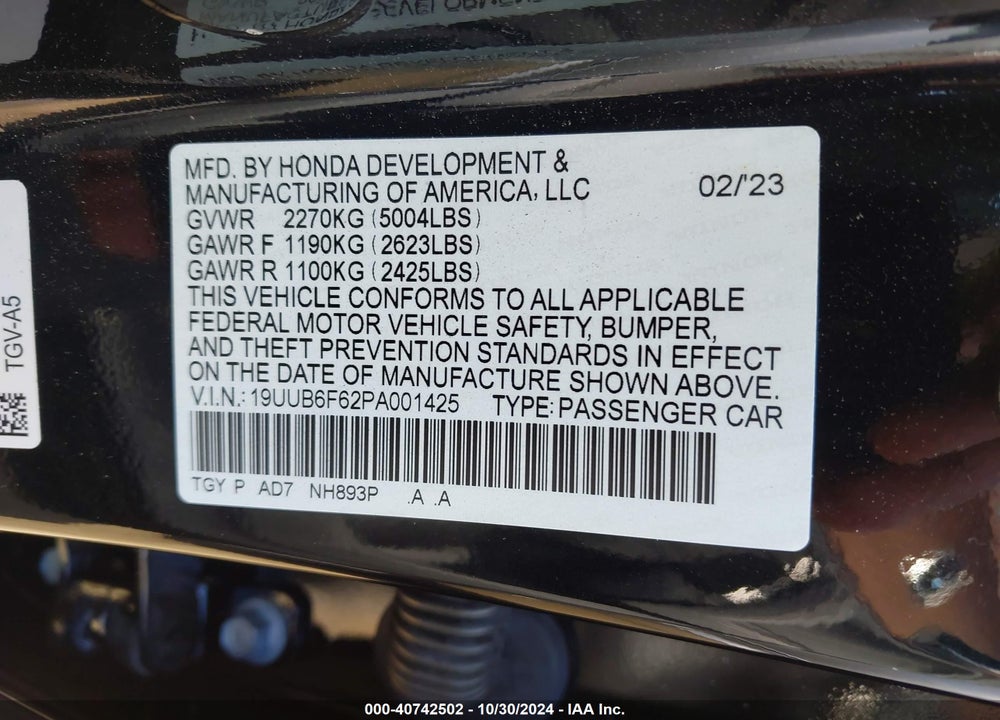 2023 ACURA TLX ADVANCE PACKAGE VIN: 19UUB6F62PA001425