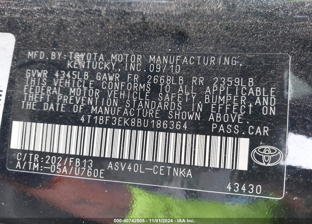 2011 TOYOTA CAMRY LE VIN: 4T1BF3EK8BU186364