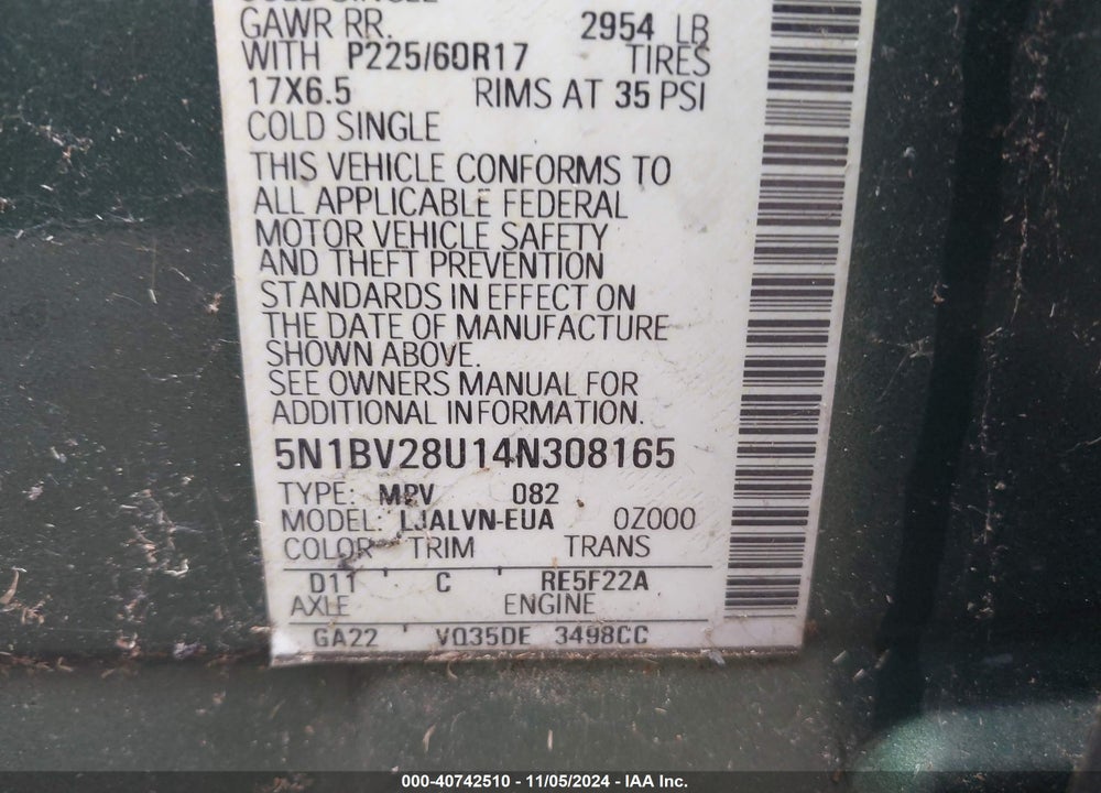 2004 NISSAN QUEST 3.5 SE VIN: 5N1BV28U14N308165