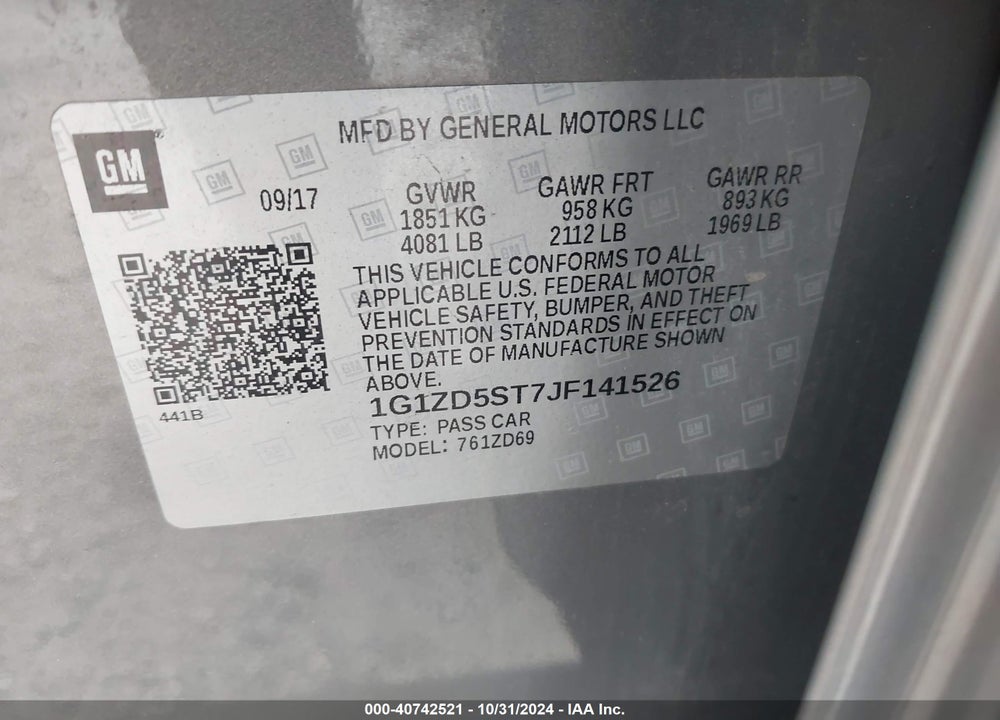 2018 CHEVROLET MALIBU LT VIN: 1G1ZD5ST7JF141526