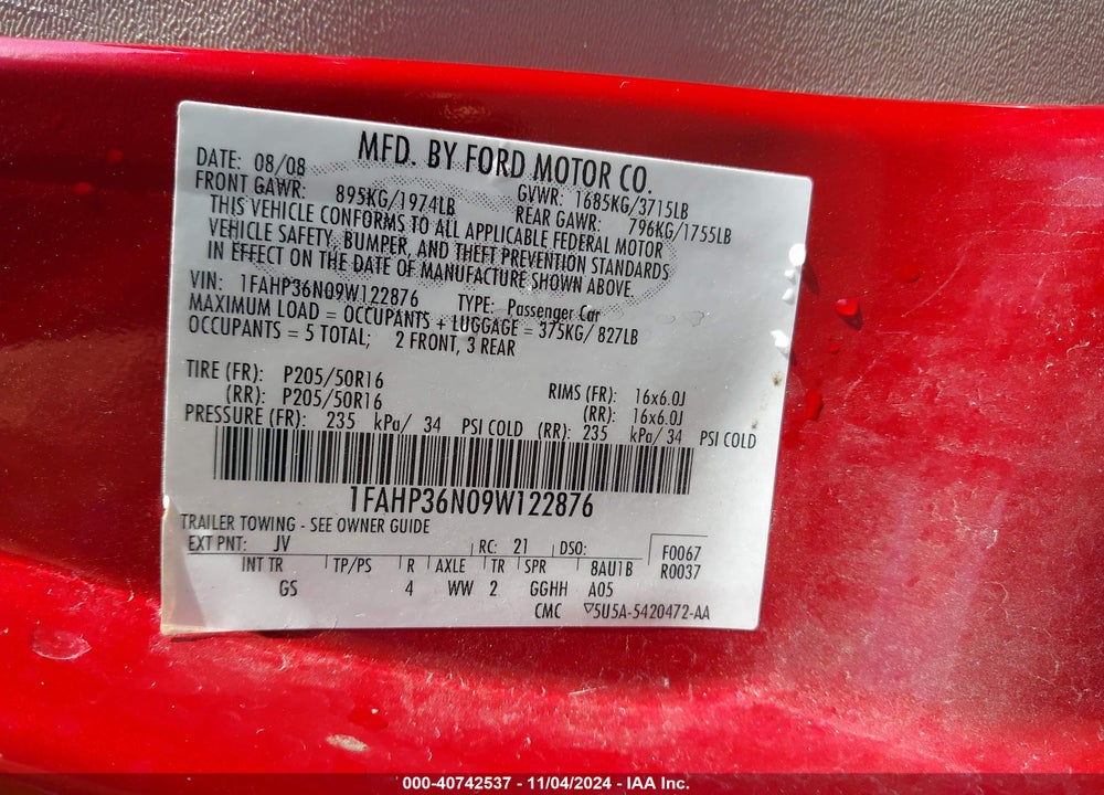 2009 FORD FOCUS SES VIN: 1FAHP36N09W122876