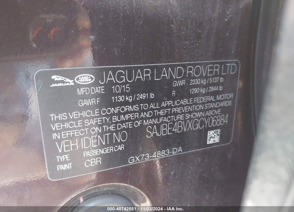 2016 JAGUAR XF 35T PRESTIGE VIN: SAJBE4BVXGCY06884