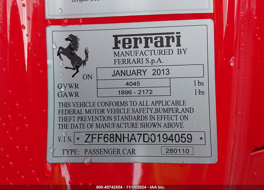 2013 FERRARI 458 SPIDER VIN: ZFF68NHA7D0194059