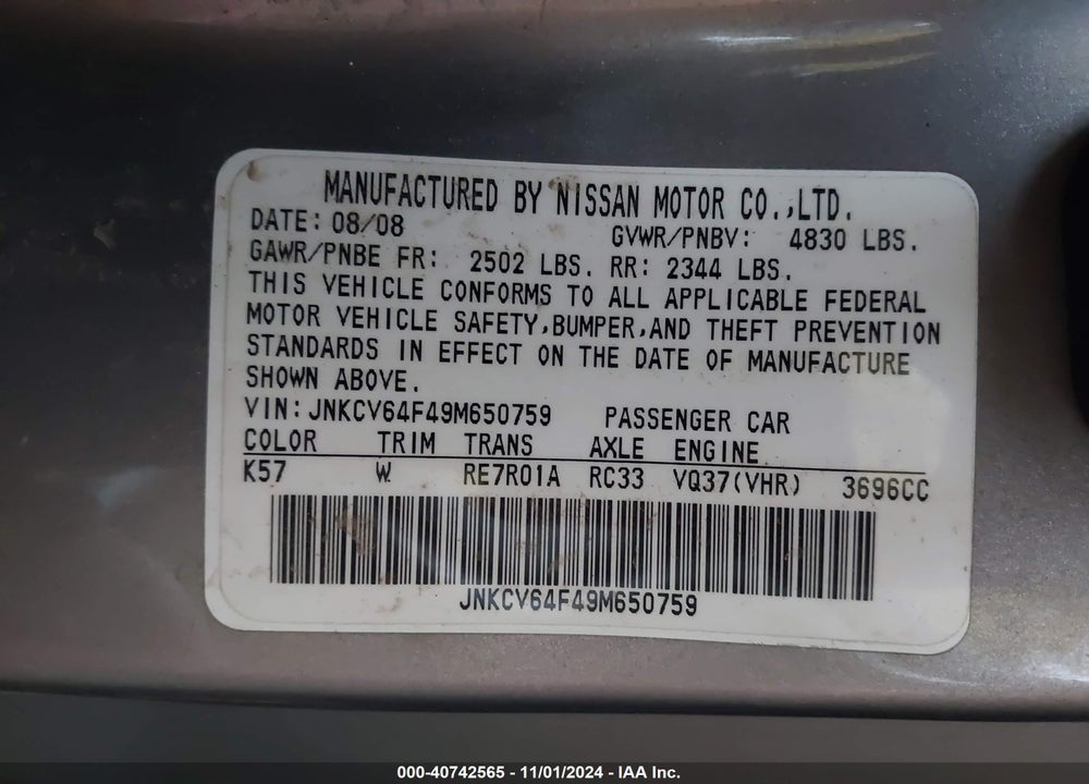 2009 INFINITI G37X VIN: JNKCV64F49M650759
