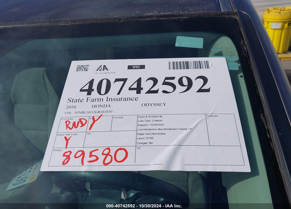 2016 HONDA ODYSSEY SE VIN: 5FNRL5H32GB163030
