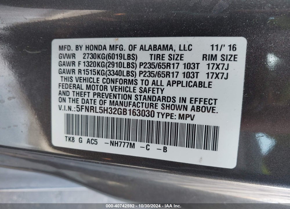2016 HONDA ODYSSEY SE VIN: 5FNRL5H32GB163030