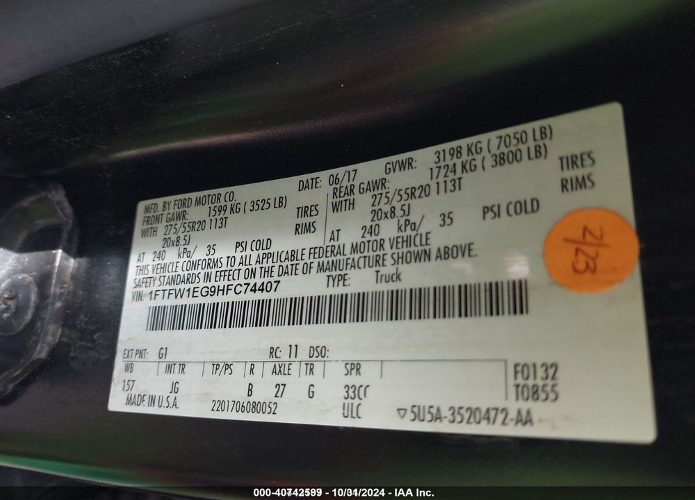 2017 FORD F-150 XL VIN: 1FTFW1EG9HFC74407