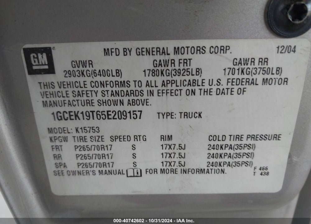 2005 CHEVROLET SILVERADO 1500 LS VIN: 1GCEK19T65E209157