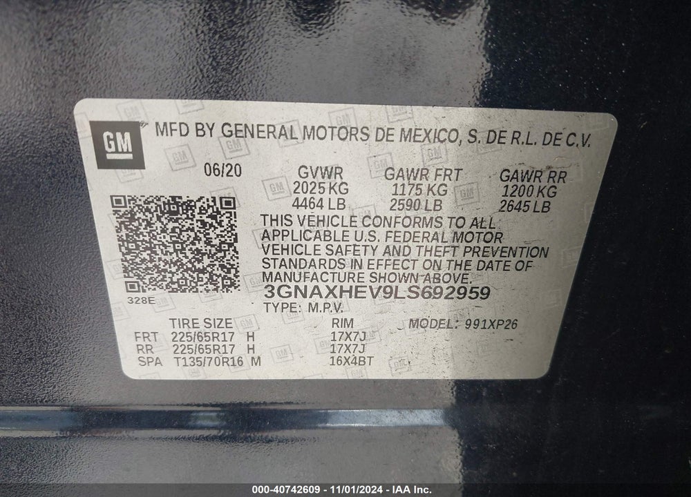 2020 CHEVROLET EQUINOX FWD LS VIN: 3GNAXHEV9LS692959