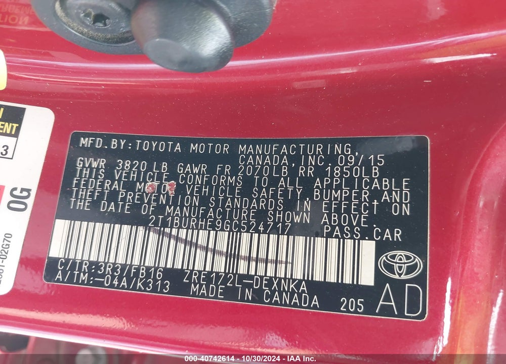 2016 TOYOTA COROLLA LE VIN: 2T1BURHE9GC524717