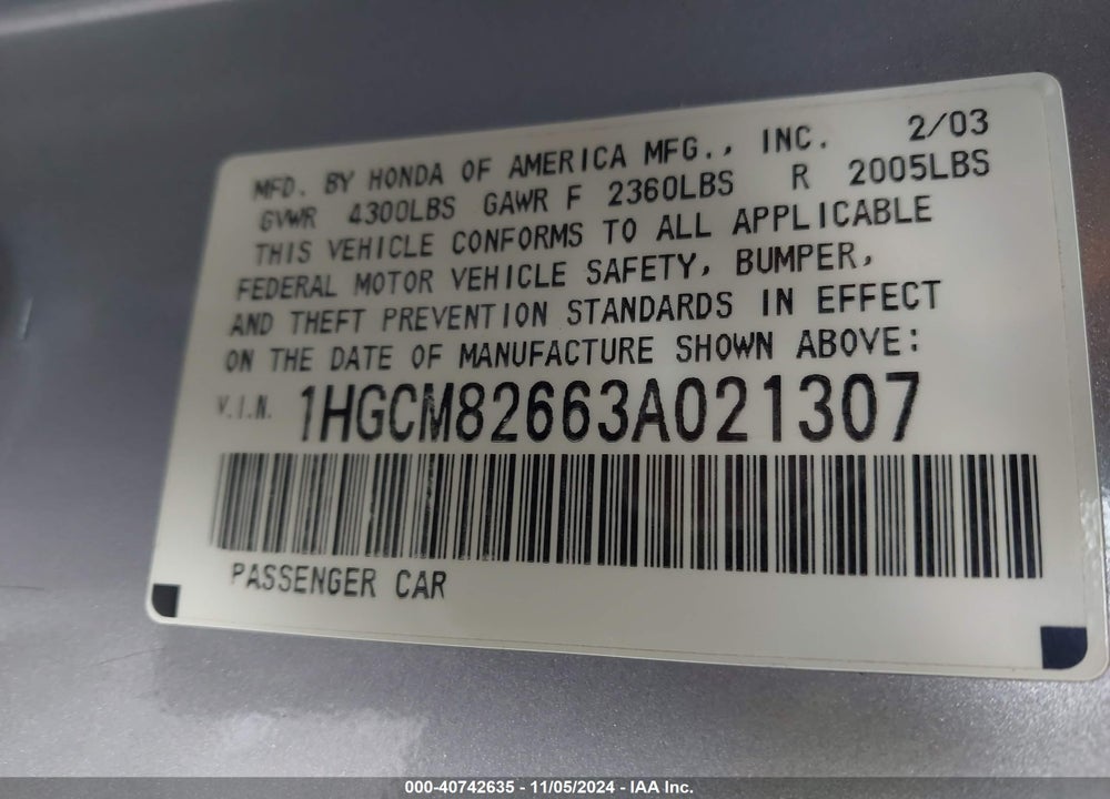 2003 HONDA ACCORD 3.0 EX VIN: 1HGCM82663A021307