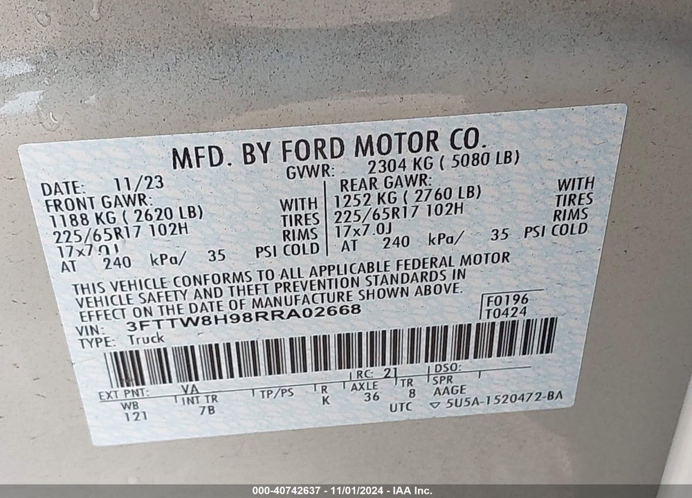2024 FORD MAVERICK XLT VIN: 3FTTW8H98RRA02668