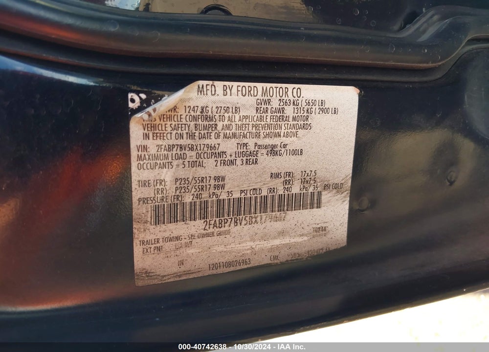 2011 FORD CROWN VICTORIA POLICE INTERCEPTOR VIN: 2FABP7BV5BX179667