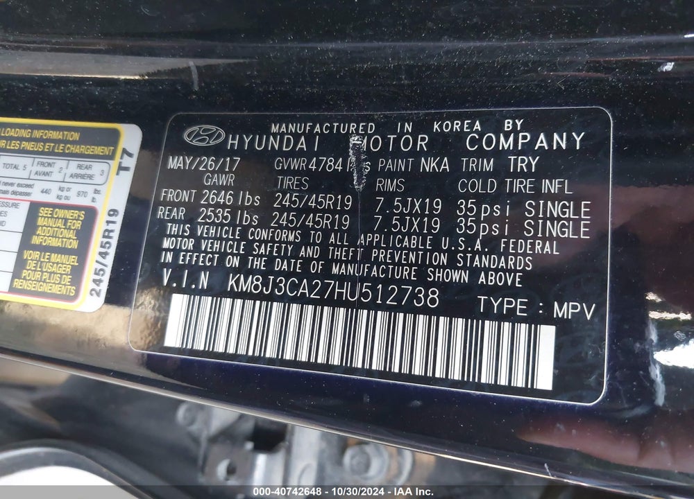 2017 HYUNDAI TUCSON NIGHT VIN: KM8J3CA27HU512738