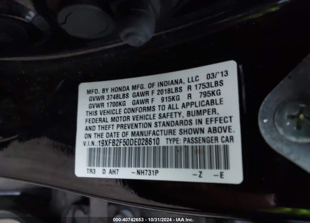2013 HONDA CIVIC LX VIN: 19XFB2F50DE028610