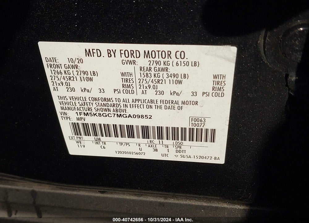 2021 FORD EXPLORER ST VIN: 1FM5K8GC7MGA09852