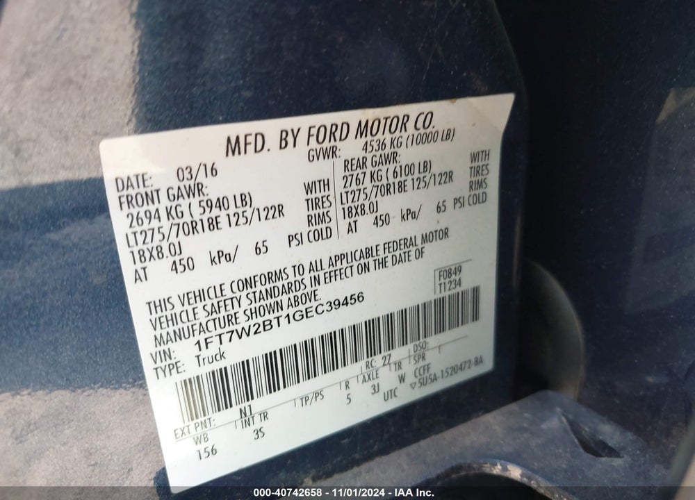 2016 FORD F-250 XLT VIN: 1FT7W2BT1GEC39456